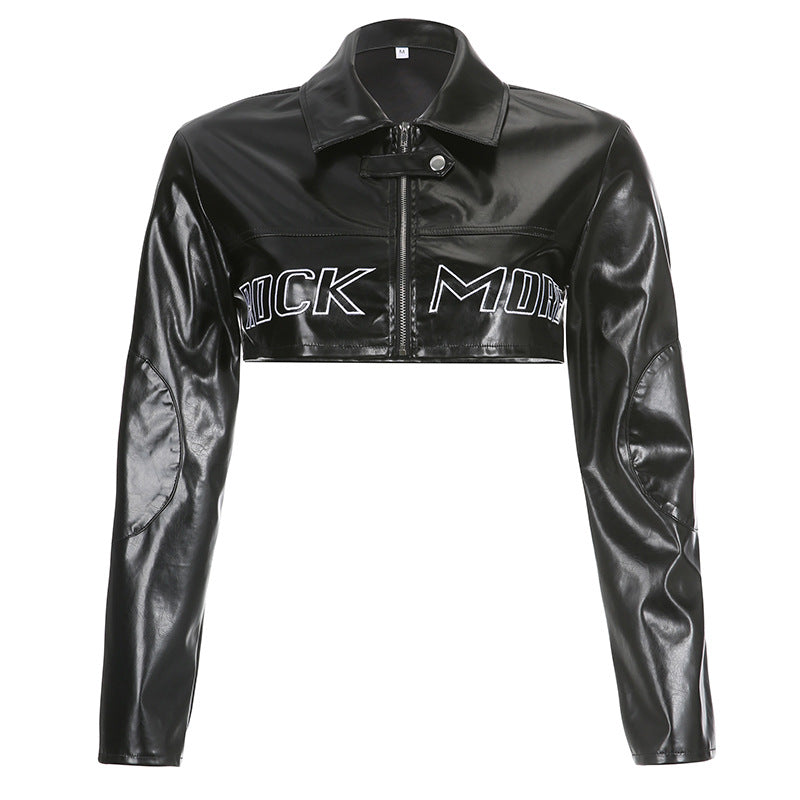 Women's Leather Letters Embroidered Lapel Zipper Ultra Jackets
