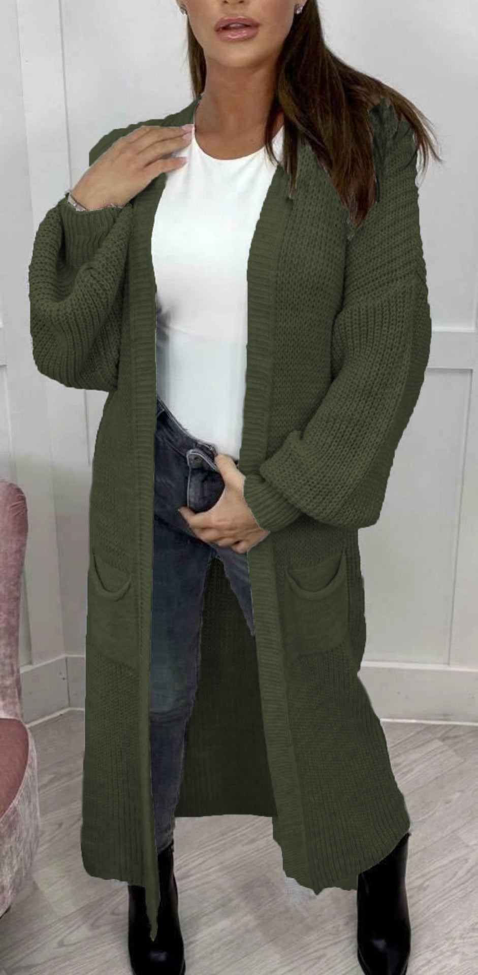 Women's Popular Long Pocket Solid Color Knitwear