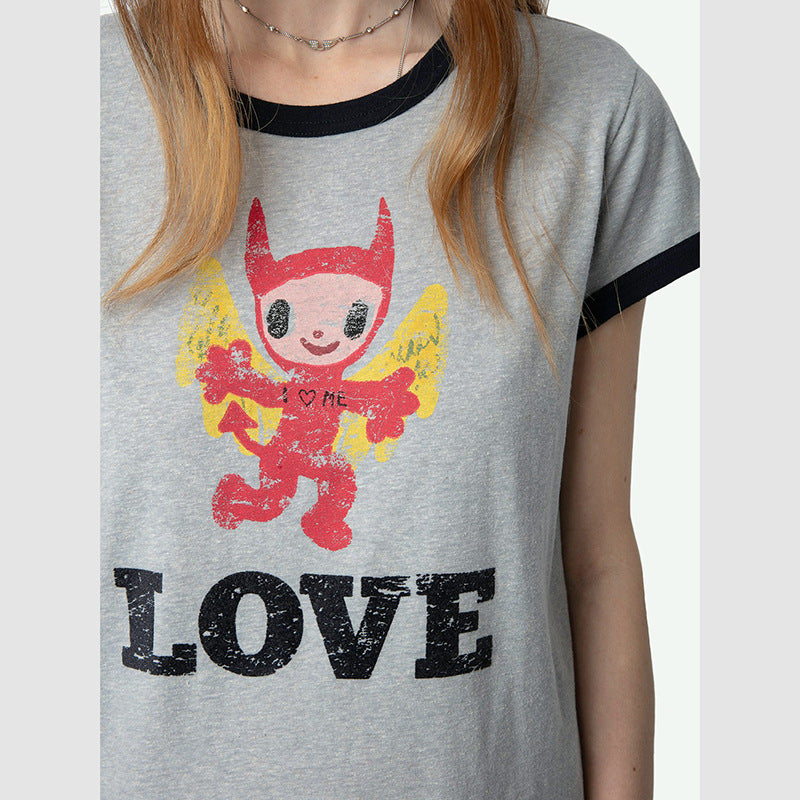 Doll Print Cotton Linen Floral Gray Female Blouses