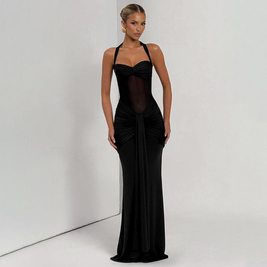 Women's Pure Color Halter Mesh Tight Stitching Dresses