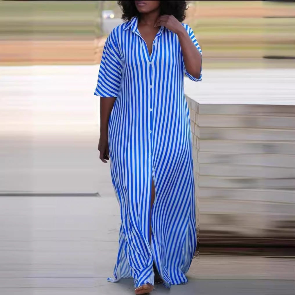 Women's Summer Fashion Loose Long Striped Shirt Dresses