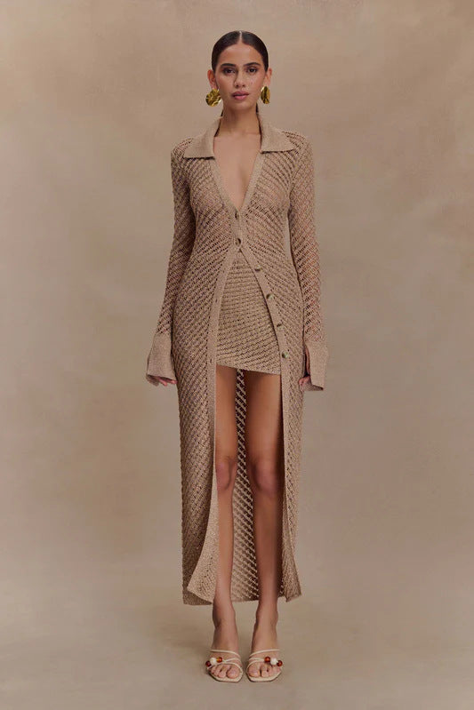 Long Style Sleeve Lapel Knitted Beach Sweaters