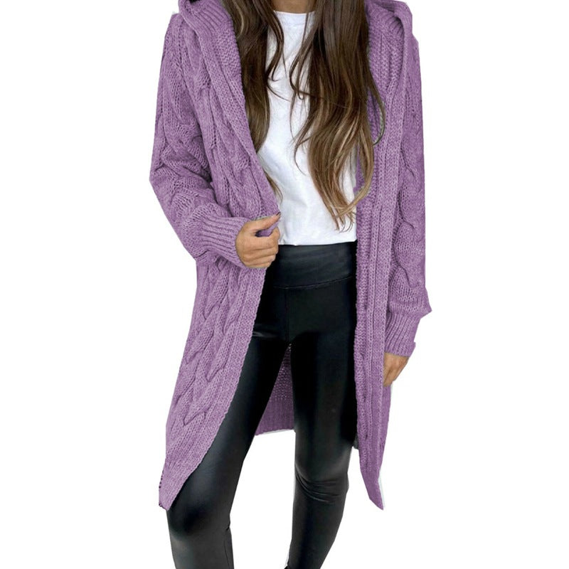 Mid-length Solid Color Twist Hooded Knit Sweaters