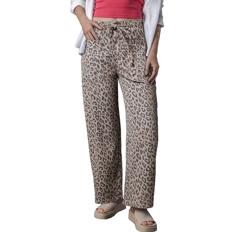 Women's High Waist Trousers Fashionable Leopard Print Jeans