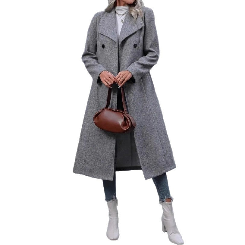 Women's Woolen Fashion Casual Polo Collar Long Coats