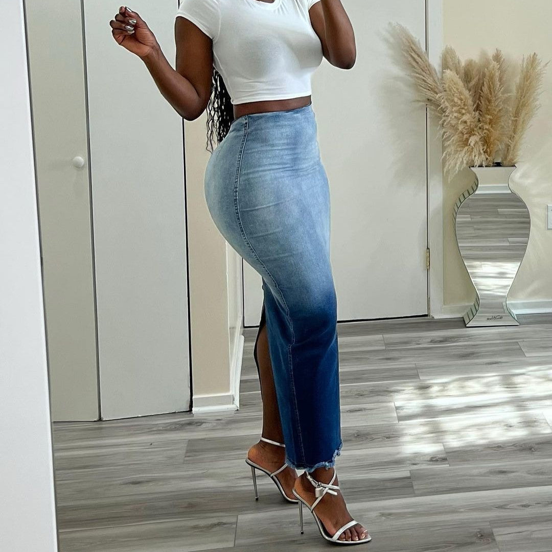 Women's Fashion Burnt Flower Slit Tassel Denim Skirts