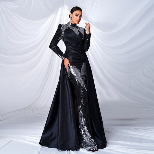 Women's Sleeve Temperament Crew Neck Sequined Banquet Fishtail Dresses