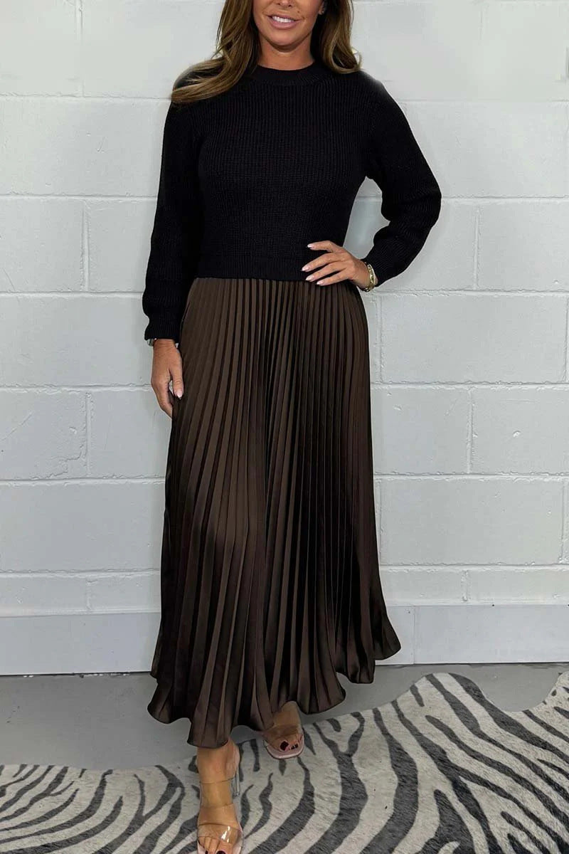 Women's Solid Color Knitted Long-sleeved Pullover Stitching Dresses