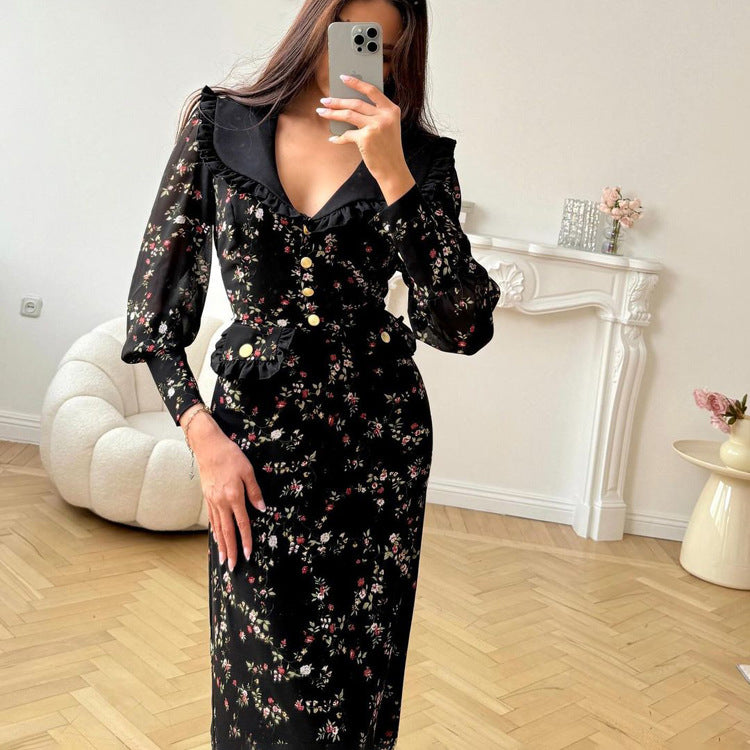 Women's Long Sleeve Retro French Dress Temperament Dresses