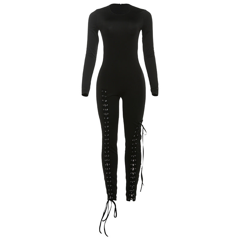 Women's Long-sleeved Fashion Sexy Cutout Bandage Skinny Jumpsuits