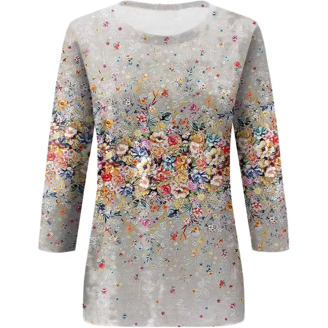 Women's Printed Sleeves Loose Crew Neck Casual Blouses