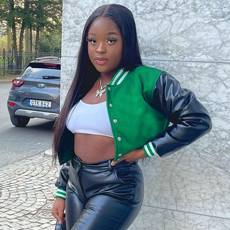Women's Long-sleeved Solid Color Buttons Baseball Stitching Jackets