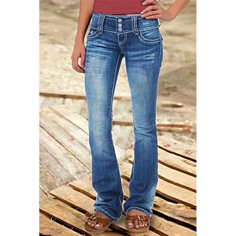 Denim Vintage Low Waist Ripped Button Jeans