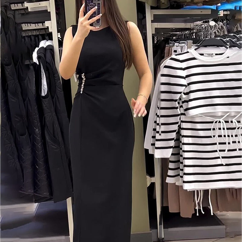 Women's Solid Color Sleeveless Slim Bottom Tassel Dresses