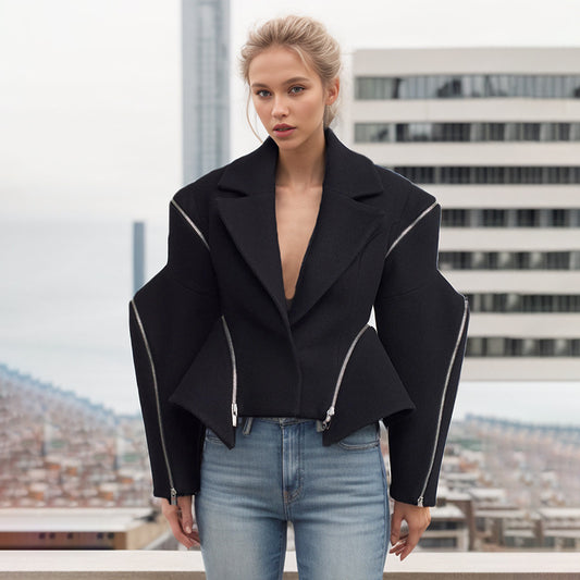 Women's Personality Trendy Style Zipper Design Irregular Blazers