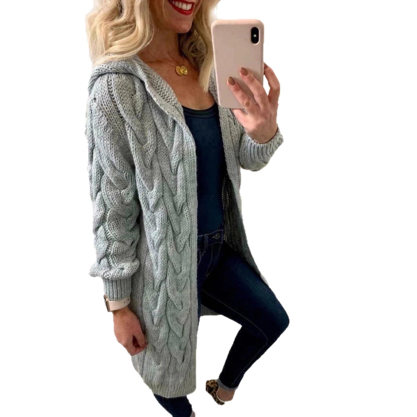 Solid Color Long Knitted Hooded Pocket Knitwear