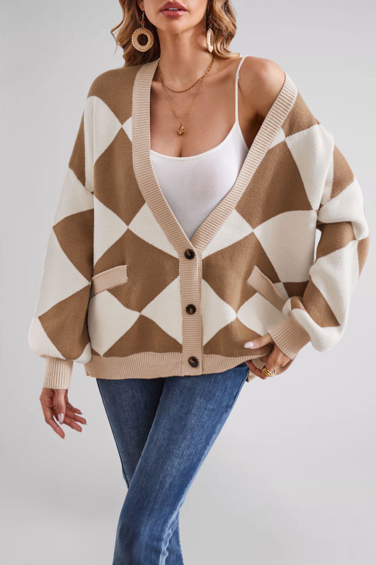 Women's Plaid Stitching Contrast Color Loose Knitted Sweaters