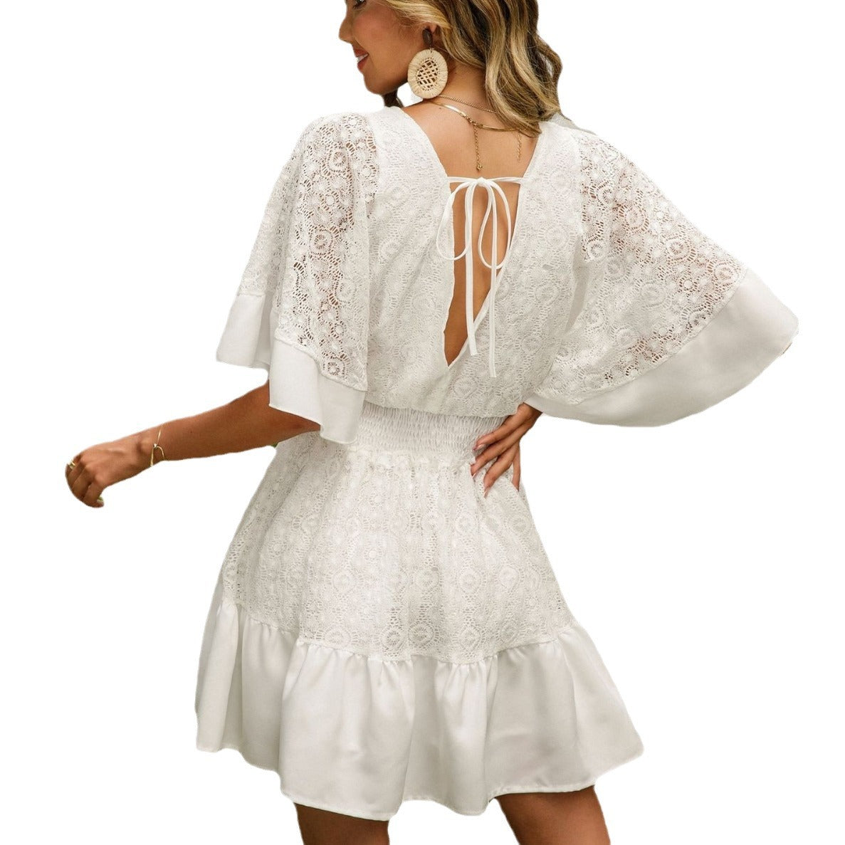 Women's Lace Stitching Batwing Sleeve Dress Midi Dresses