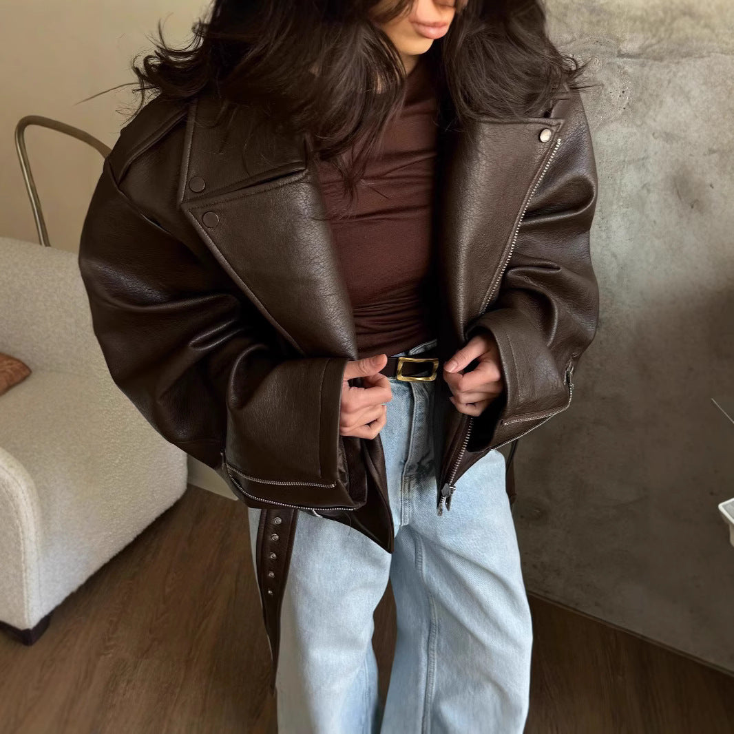 American Retro Leather Baggy With Belt Jackets