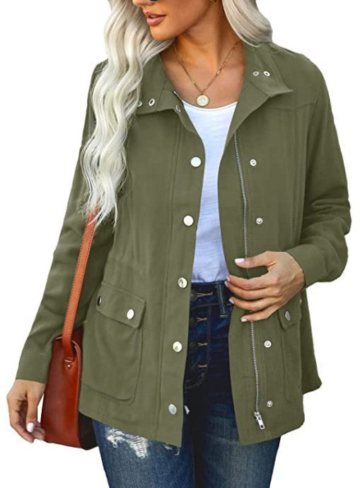 Women's Fashion Polo Collar Solid Color Pocket Fastener Jackets