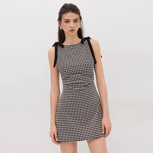 White Plaid Round Neck Pleated Bow Sleeveless Dresses