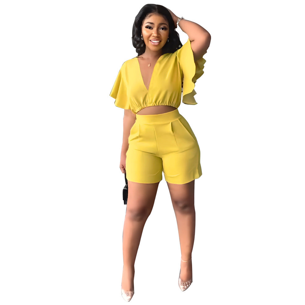 Cool Ruffled Casual Summer Two-piece Set Suits