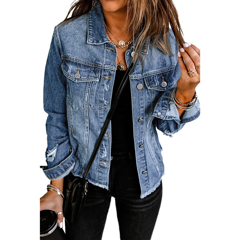 Women's Solid Color Single Row Washed Denim Cardigans