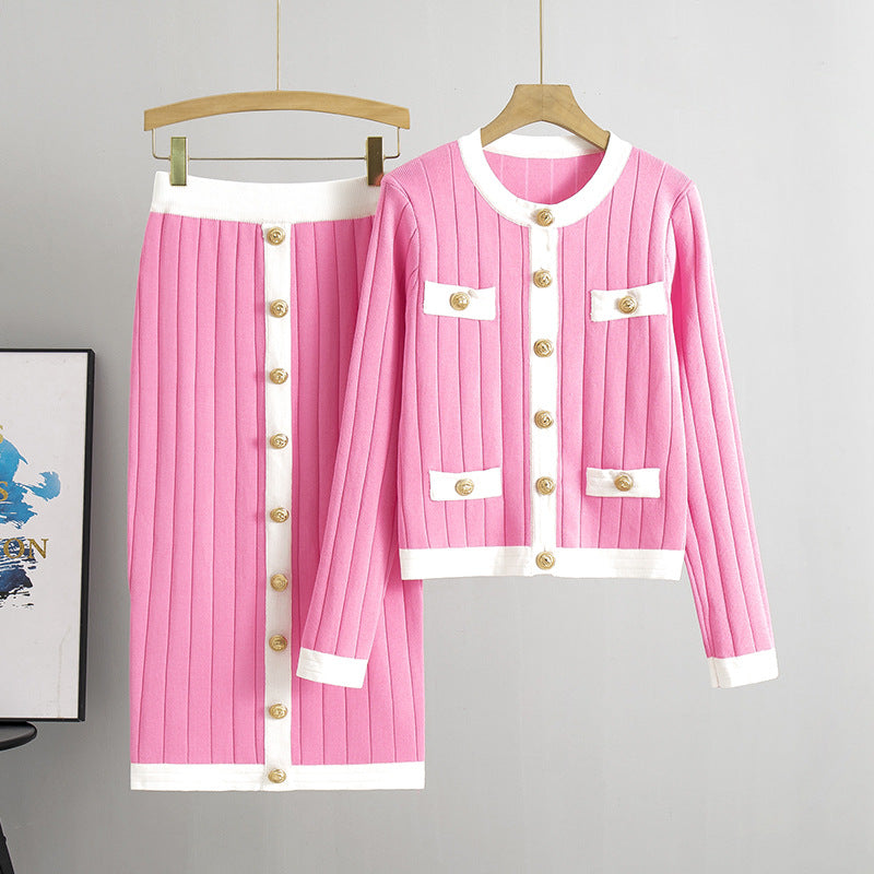 Women's French Style Temperament High-grade Knitted Two-piece Set Dress Fashion Casual Suit
