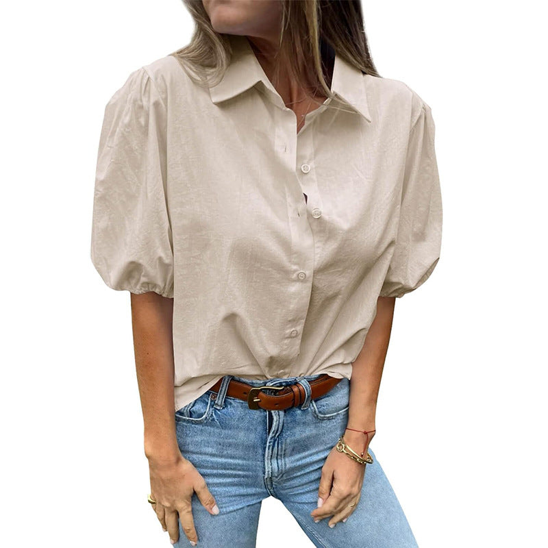 Women's Summer Puff Sleeve Solid Color Buttons Blouses