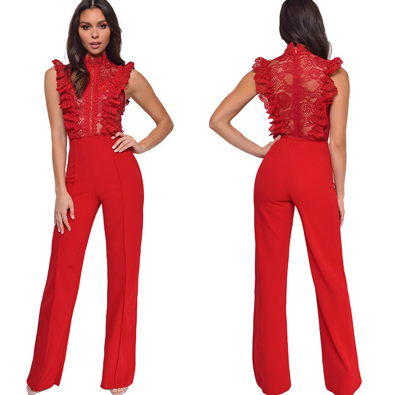 Women's Turtleneck Fashion Straight Lace Crochet Sleeveless Jumpsuits