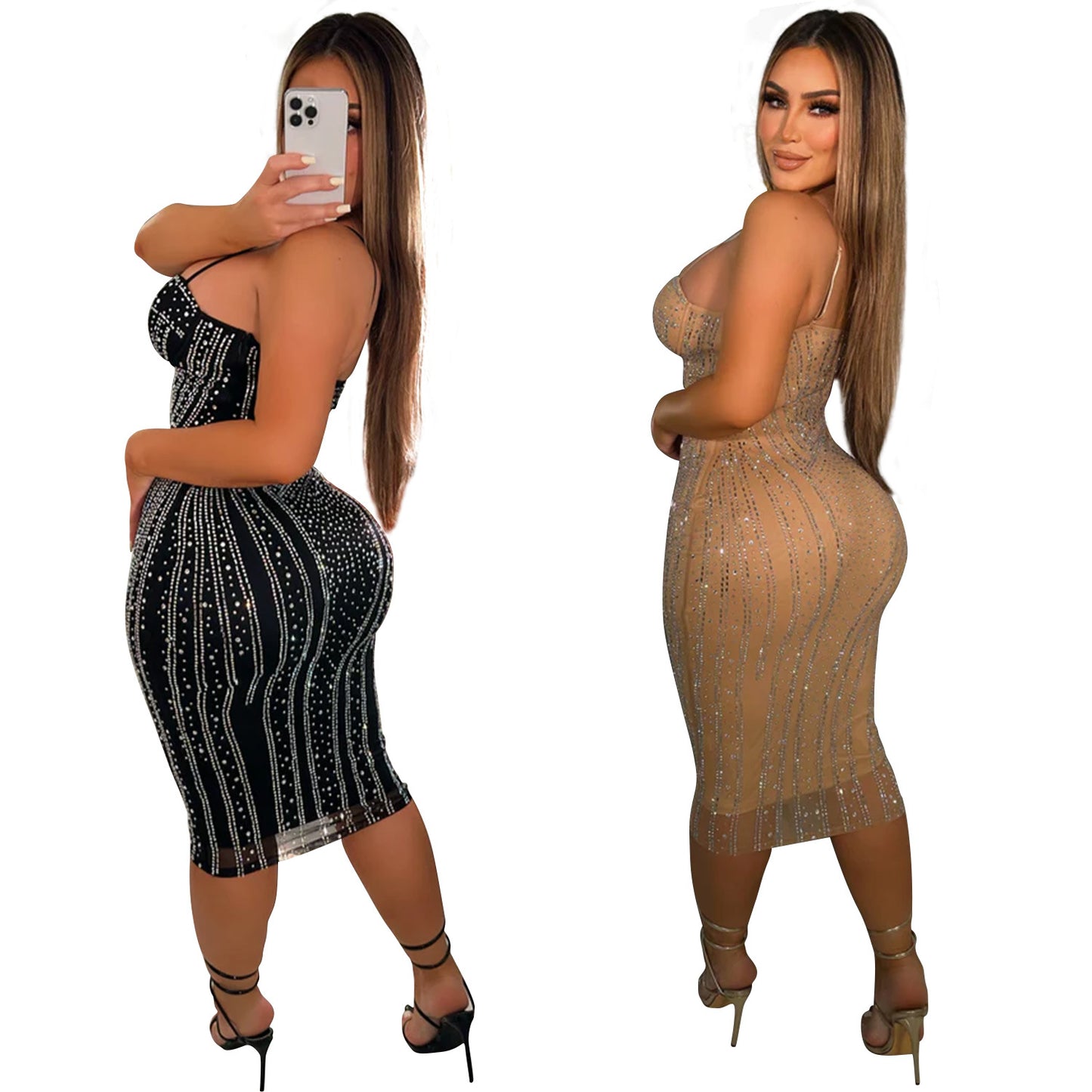 Women's Fashion Wear Solid Color Sexy Mesh Rhinestone Dresses