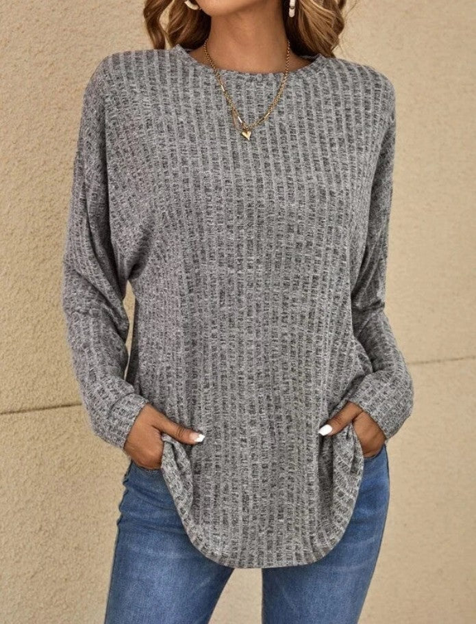 Women's Long Sleeve Round Neck Sunken Stripe Blouses