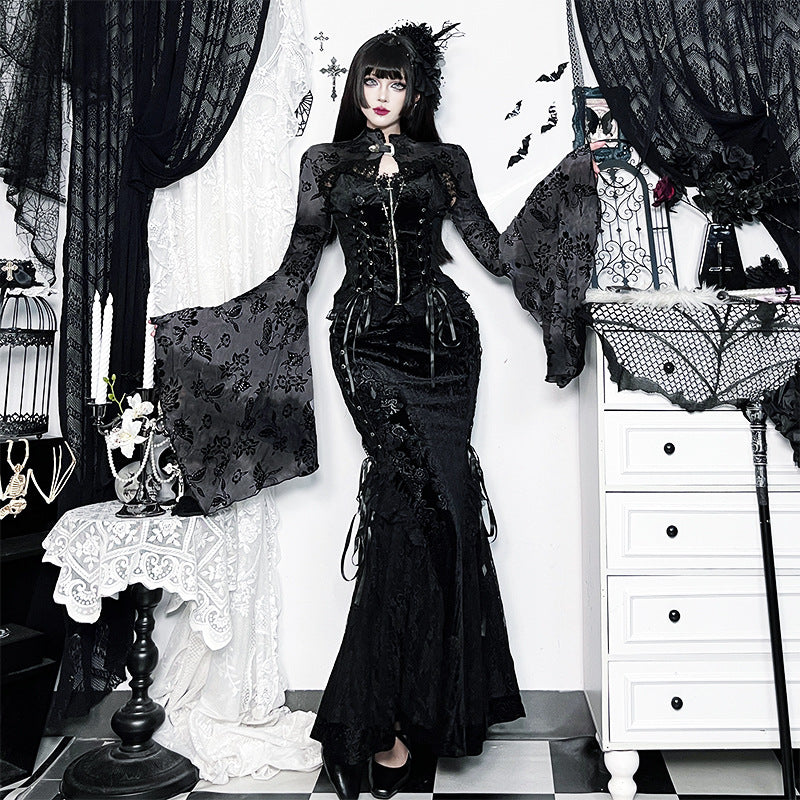 Women's Dark Gothic Style Flocking Pattern Shawl Blouses