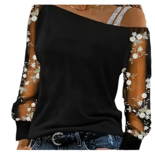Diagonal Collar Gauzy Long Sleeve T-shirt Fashion Blouses
