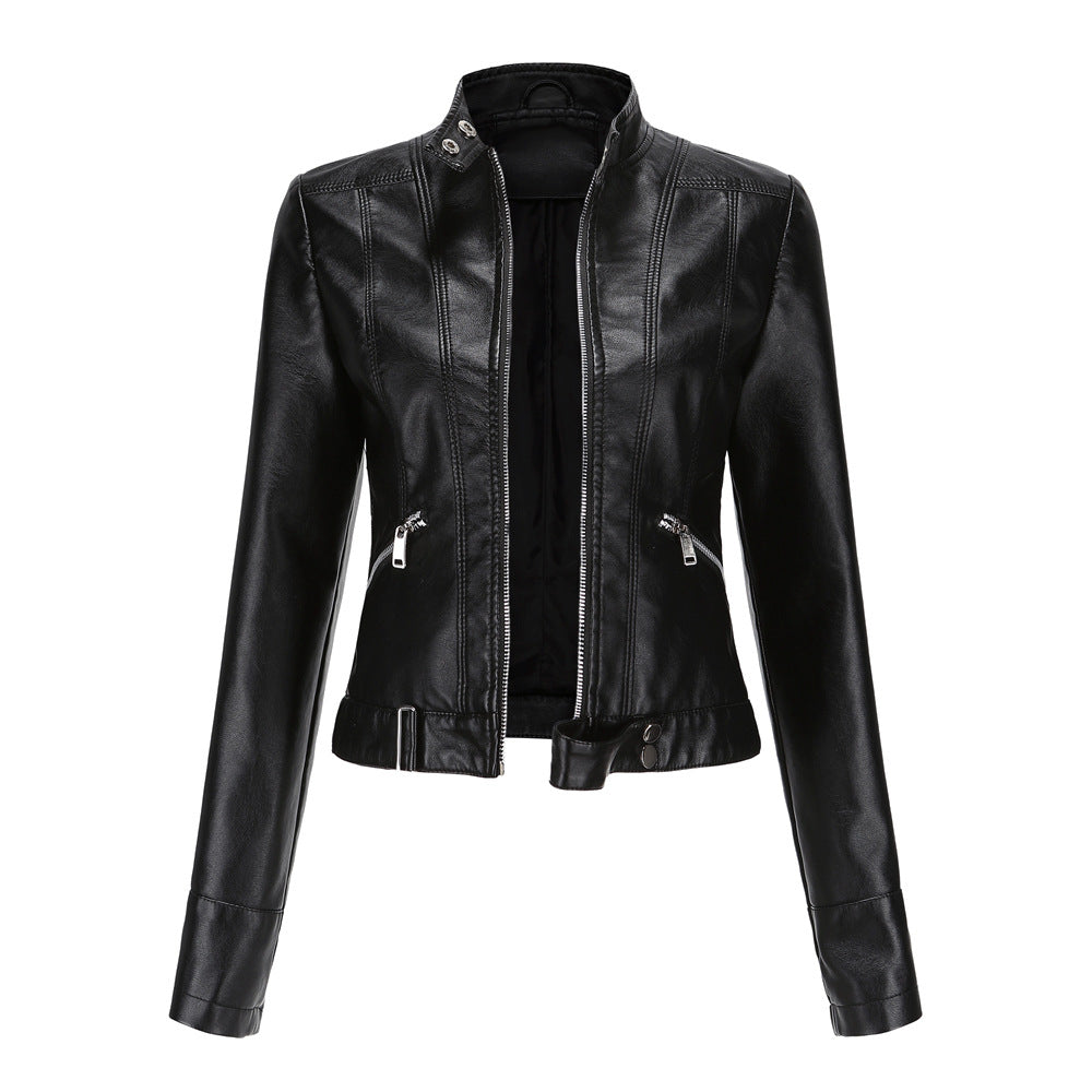 Women's Leather Stand Collar Lady Thin Jackets