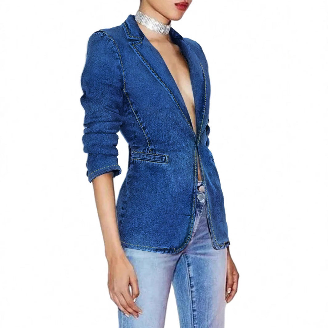 Women's Denim Slim Fit Slimming Collar Solid Jackets
