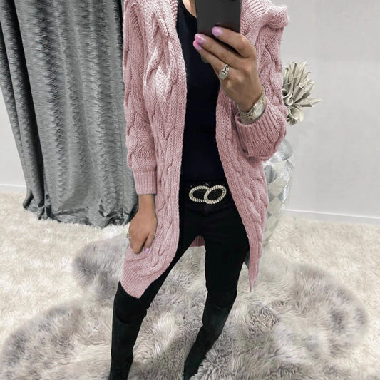 Women's Long Hooded Knit Twisted Sleeve Solid Knitwear