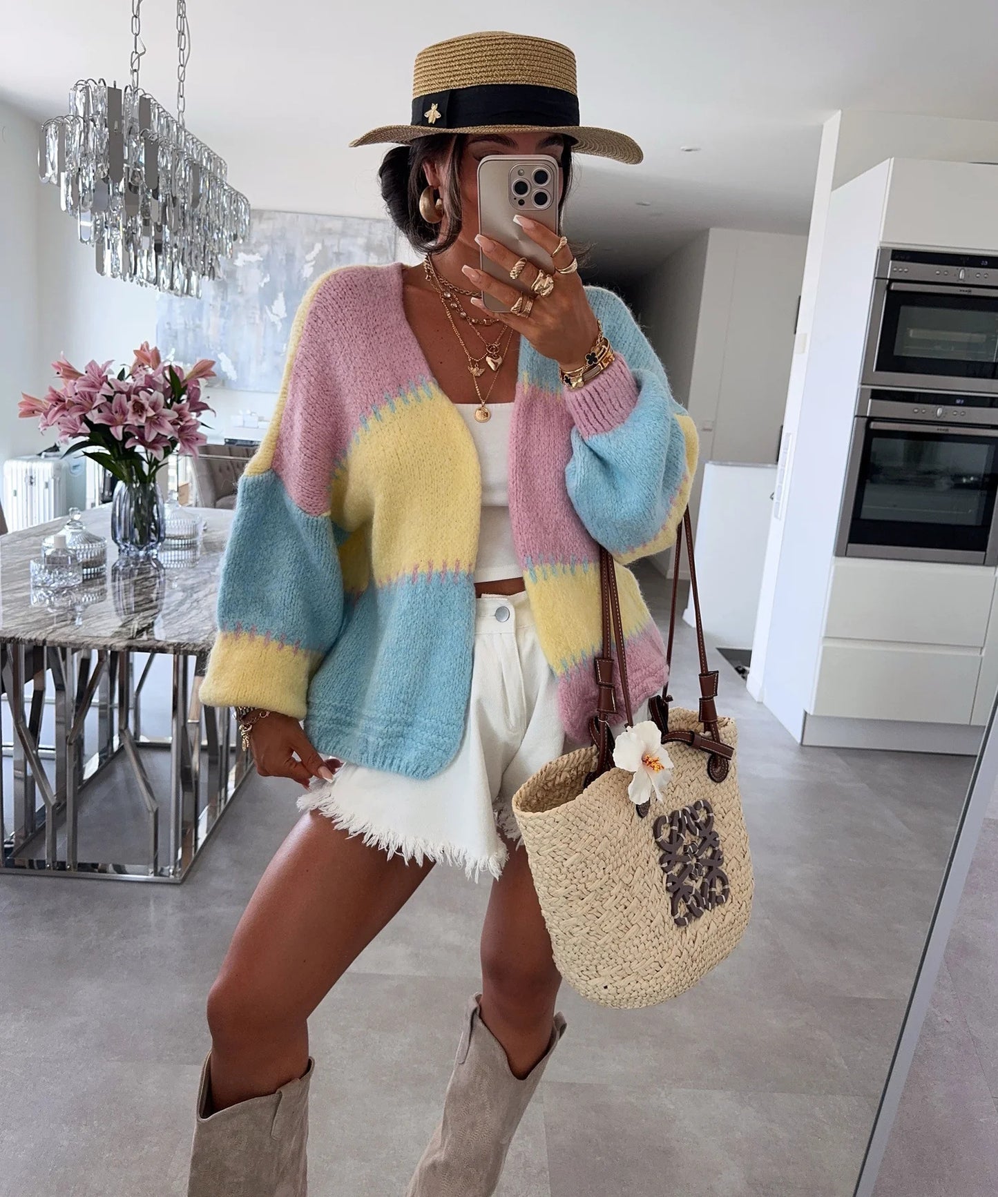 Thick Needle Rainbow Color Contrast Loose Sweaters