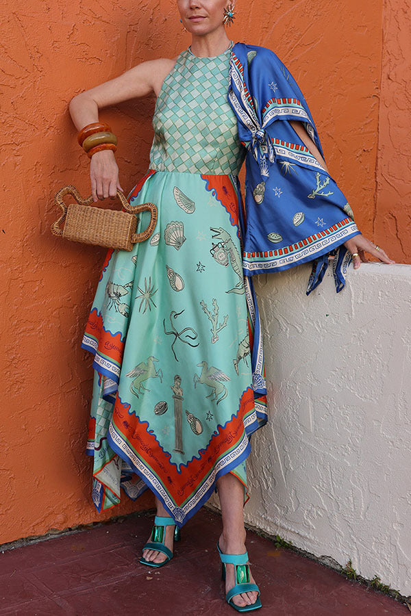 Women's Fake Two-piece Printed Asymmetric Round Neck Dresses