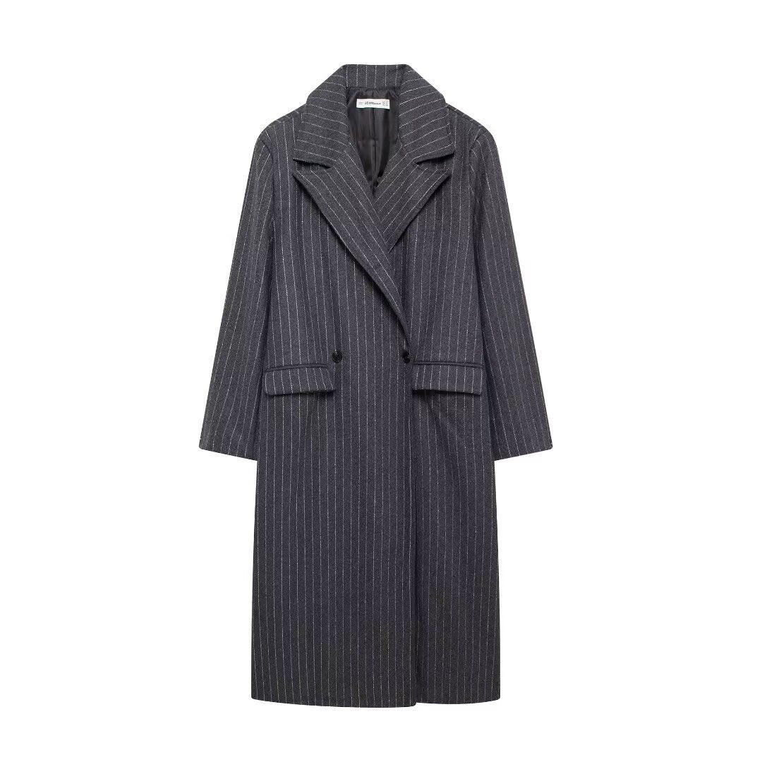 Women's Elegant Collar Striped Woolen Long Coats