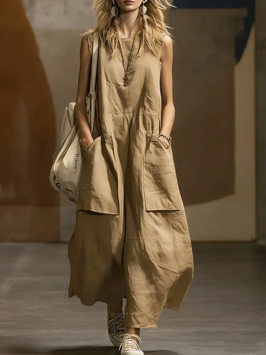 Women's Loose Simple Sleeveless Pocket Cotton Linen Dress