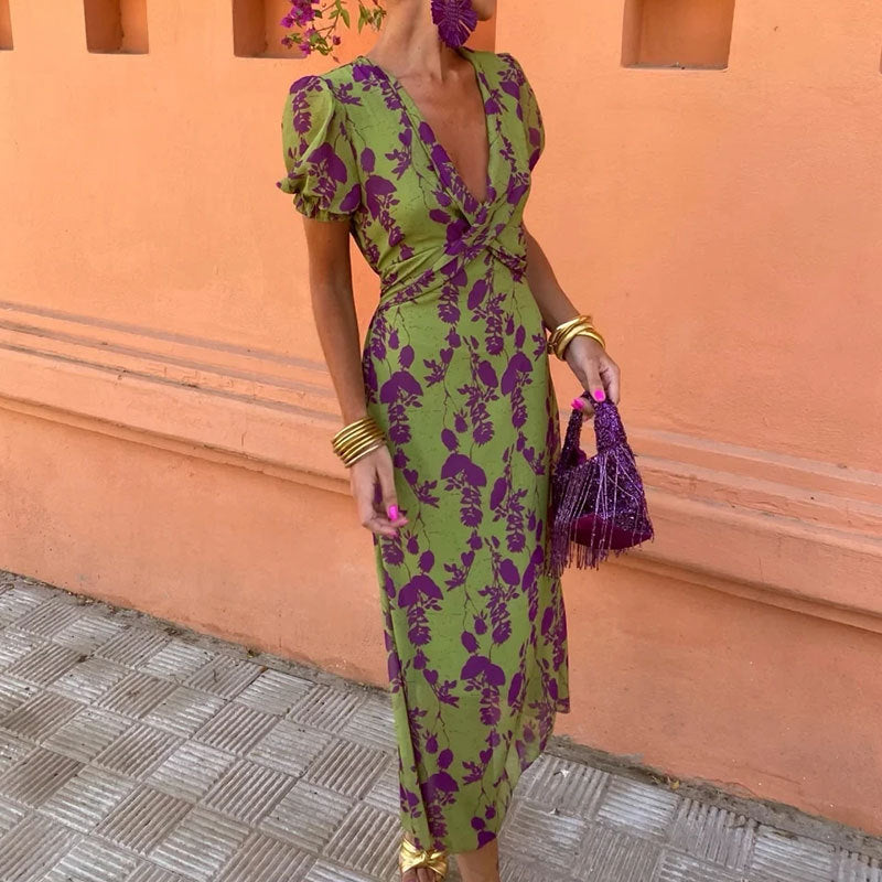 Women's Color Contrast Printed Long Dress Elegant Dresses