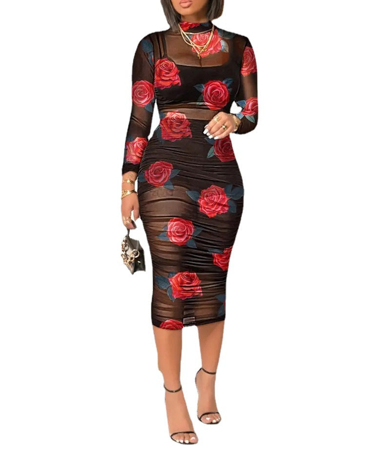 Retro Printed Sexy Net Yarn Mid-length Dresses