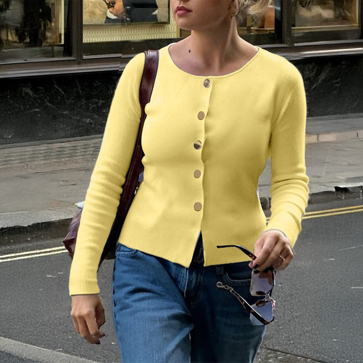 Women's Casual Minimalist Long Sleeve Button Base Knitwear