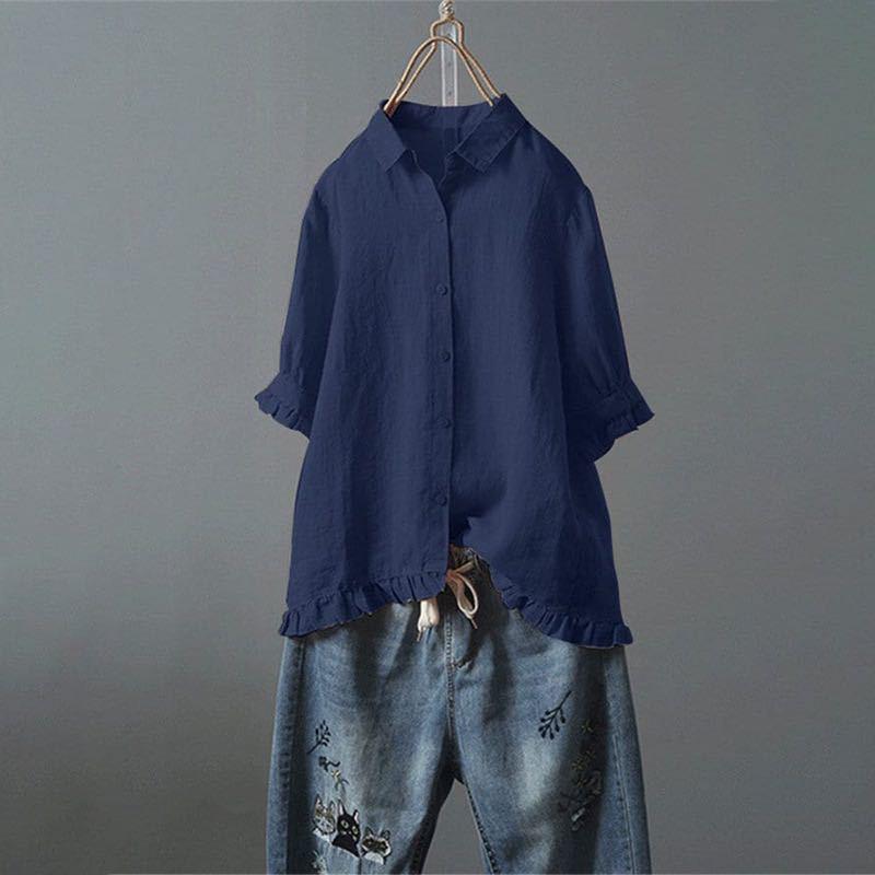 Women's Cotton Linen Casual Single-breasted Ruffled Sleeves Blouses