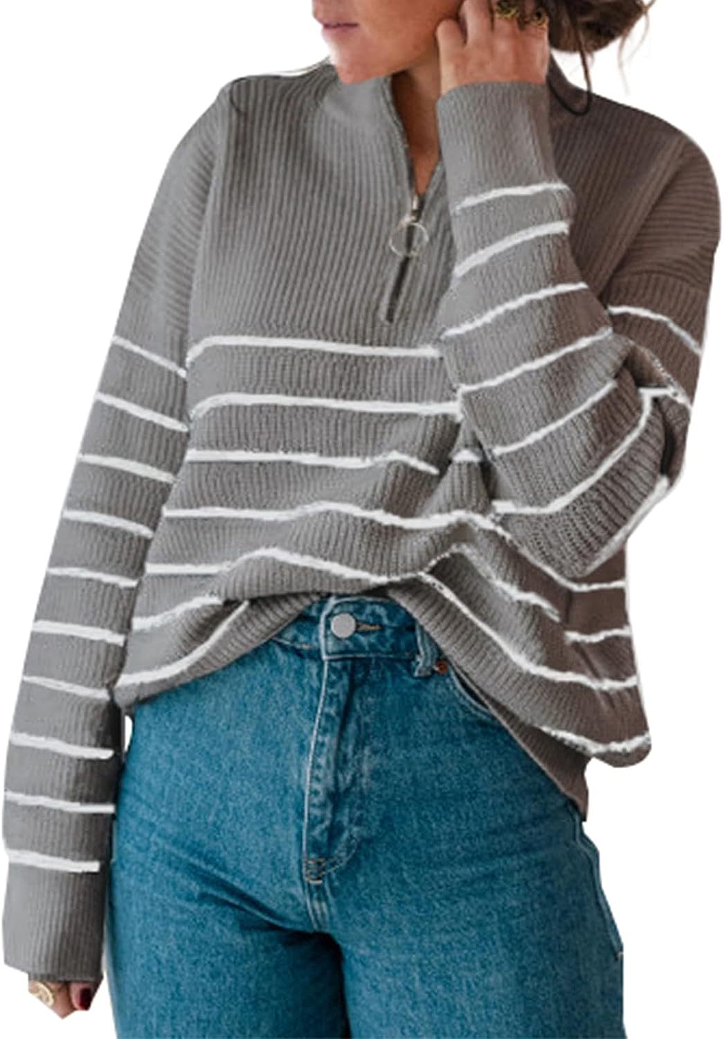 Women's Wear Long Sleeve Knitted Zipper Striped Sweaters