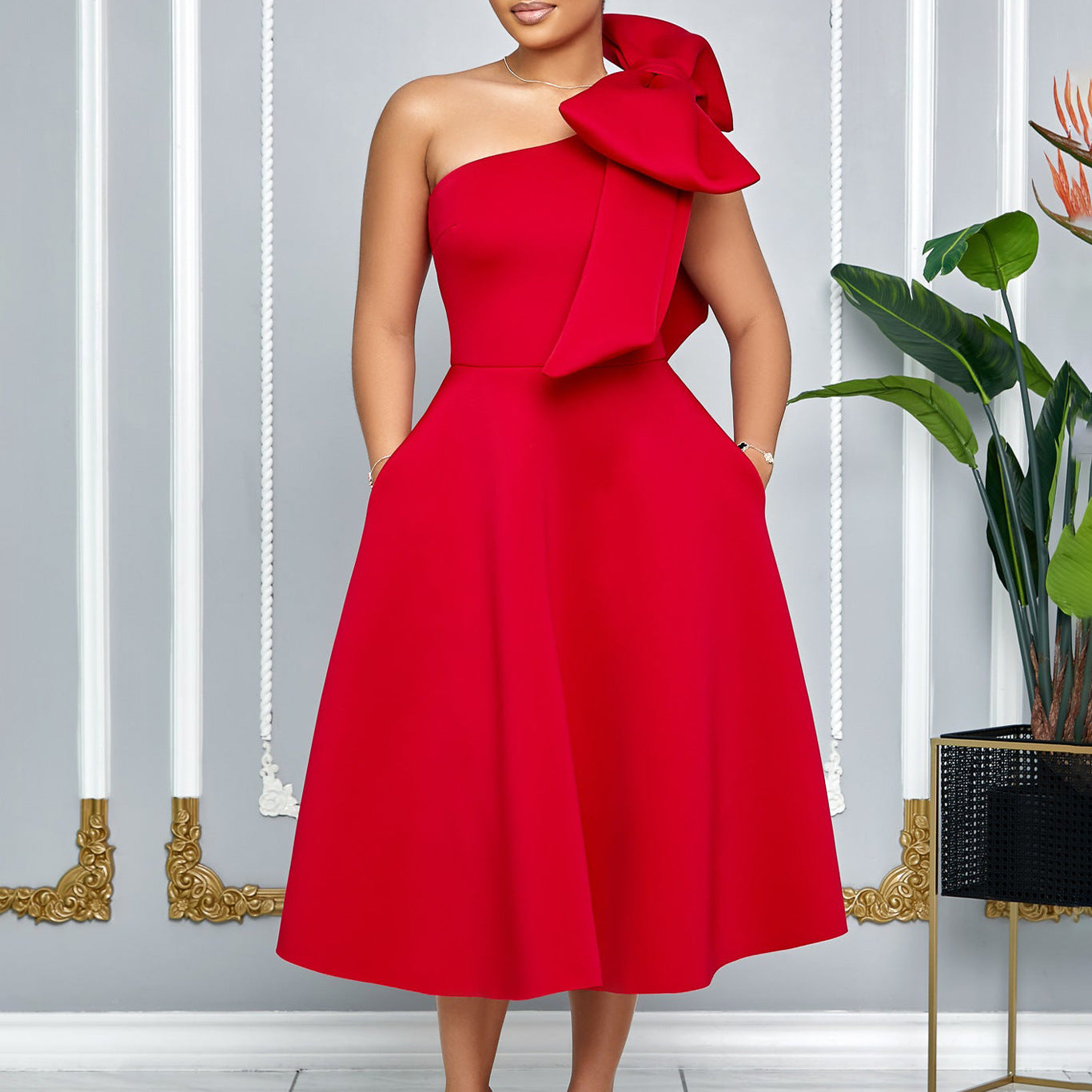 Women's Summer Fashion Oblique Shoulder Bow Banquet Dresses