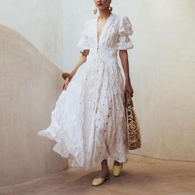 Women's Summer Deep V Puff Sleeve Lace Dresses