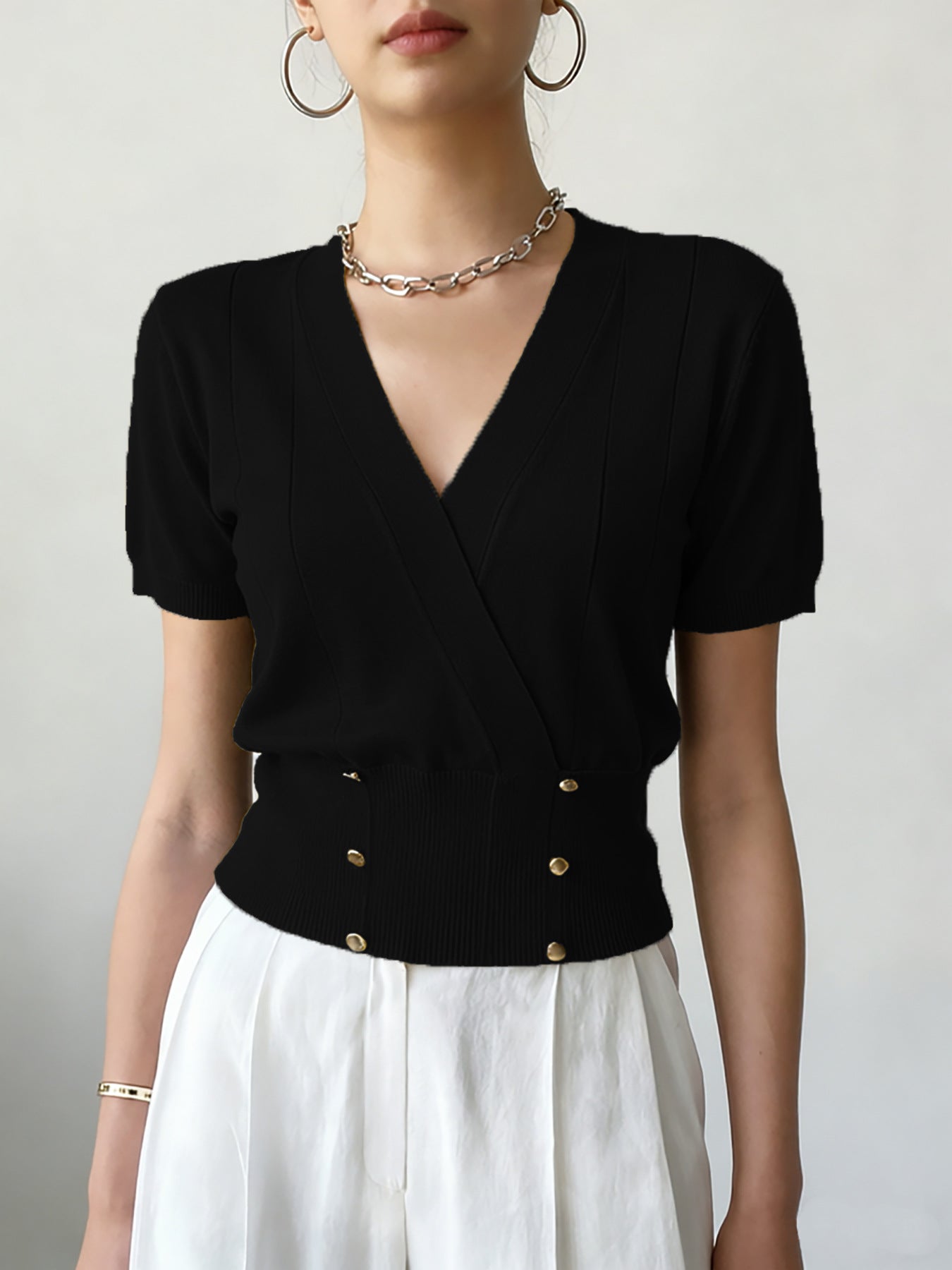 Women's Collar Tight Waist Fake Button Design Women's Sweater