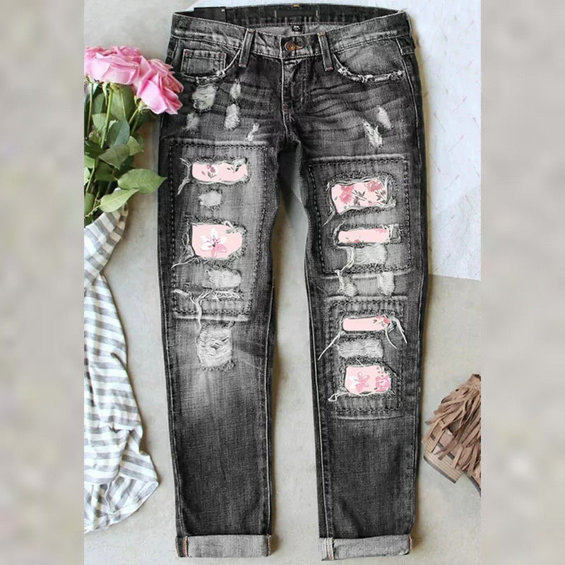 Women's Graceful Fashion Printing Hole Straight Jeans